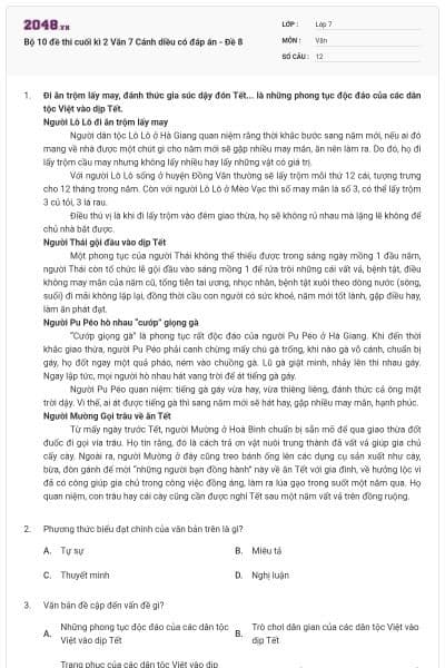 Bộ 10 đề thi cuối kì 2 Văn 7 Cánh diều có đáp án - Đề 8