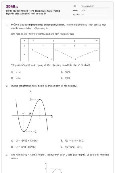 Đề thi thử Tốt nghiệp THPT Toán 2025-2026 Trường Nguyễn Viết Xuân (Phú Thọ) có đáp án