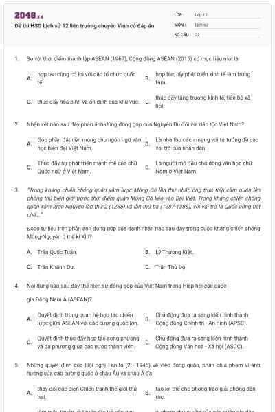 Đề thi HSG Lịch sử 12 liên trường chuyên Vinh có đáp án
