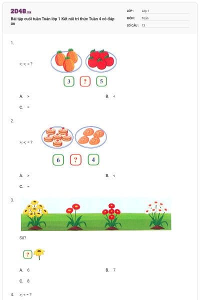Bài tập cuối tuần Toán lớp 1 Kết nối tri thức Tuần 4 có đáp án