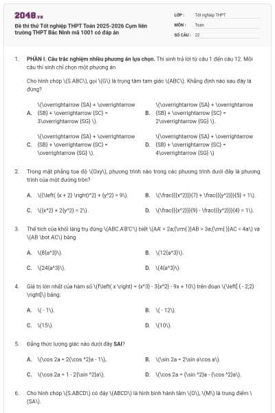 Đề thi thử Tốt nghiệp THPT Toán 2025-2026 Cụm liên trường THPT Bắc Ninh mã 1001 có đáp án