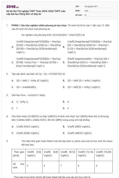 Đề thi thử Tốt nghiệp THPT Toán 2025-2026 THPT Liên cấp Đại học Hồng Đức có đáp án