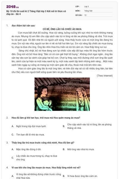 Bộ 10 đề thi cuối kì 2 Tiếng Việt lớp 3 Kết nối tri thức có đáp án - Đề 4