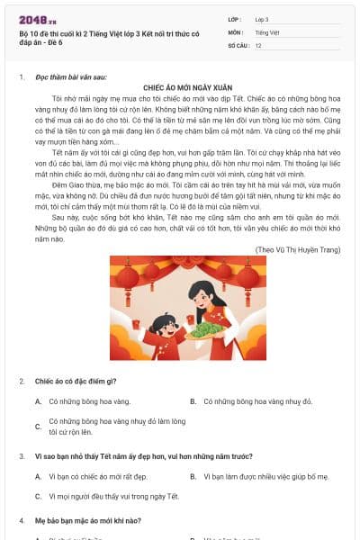 Bộ 10 đề thi cuối kì 2 Tiếng Việt lớp 3 Kết nối tri thức có đáp án - Đề 6