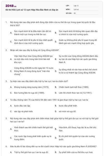 Đề thi HSG Lịch sử 12 cụm Hiệp Hòa Bắc Ninh có đáp án