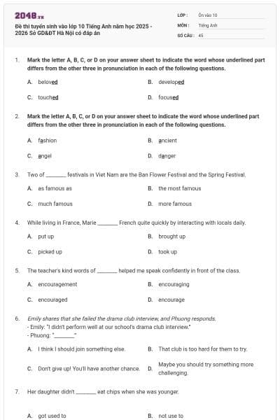 Đề thi tuyển sinh vào lớp 10 Tiếng Anh năm học 2025 - 2026 Sở GD&ĐT Hà Nội có đáp án