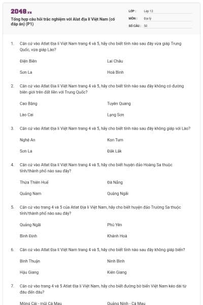Tổng hợp câu hỏi trắc nghiệm với Alat địa lí Việt Nam (có đáp án) (P1)