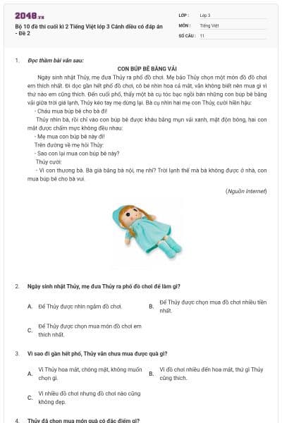 Bộ 10 đề thi cuối kì 2 Tiếng Việt lớp 3 Cánh diều có đáp án - Đề 2