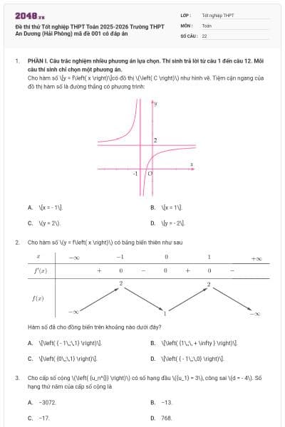 Đề thi thử Tốt nghiệp THPT Toán 2025-2026 Trường THPT An Dương (Hải Phòng) mã đề 001 có đáp án