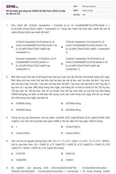 Đề thi Đánh giá năng lực ĐHQG Hà Nội form 2025 có đáp án (Đề số 23)