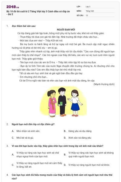 Bộ 10 đề thi cuối kì 2 Tiếng Việt lớp 3 Cánh diều có đáp án - Đề 5