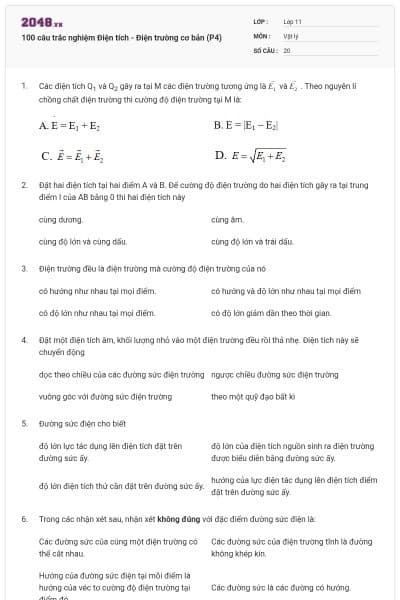 100 câu trắc nghiệm Điện tích - Điện trường cơ bản (P4)