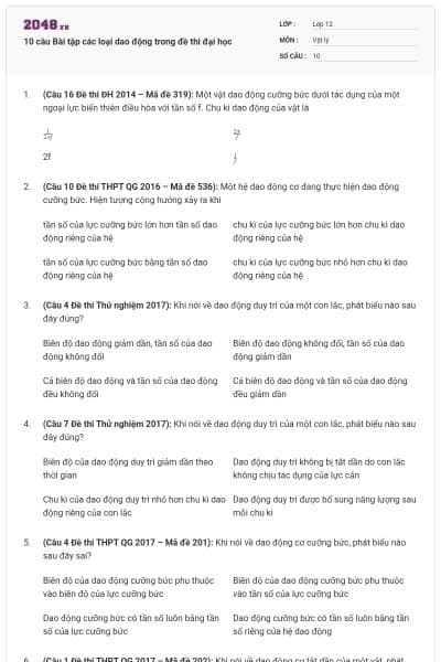 10 câu Bài tập các loại dao động trong đề thi đại học
