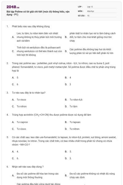 Bài tập Polime có lời giải chi tiết (mức độ thông hiểu, vận dụng - P1)