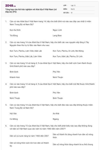 Tổng hợp câu hỏi trắc nghiệm với Alat địa lí Việt Nam (có đáp án) (P2)