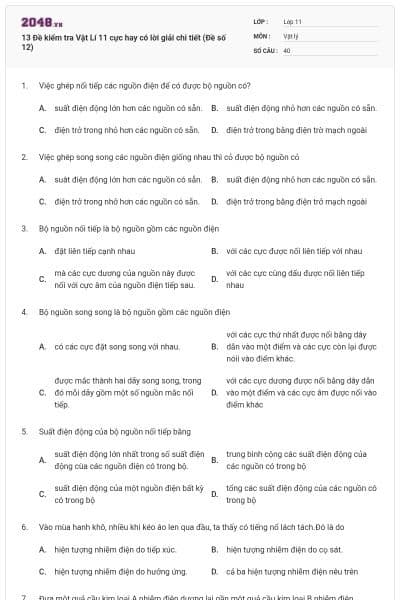 13 Đề kiểm tra Vật Lí 11 cực hay có lời giải chi tiết (Đề số 12)