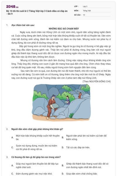 Bộ 10 đề thi cuối kì 2 Tiếng Việt lớp 3 Cánh diều có đáp án - Đề 9