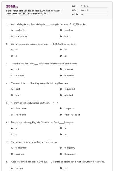 Đề thi tuyển sinh vào lớp 10 Tiếng Anh năm học 2015 - 2016 Sở GD&ĐT Hồ Chí Minh có đáp án
