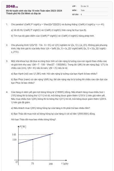 Đề thi tuyển sinh vào lớp 10 môn Toán năm 2023-2024 Thành phố Hồ Chí Minh có đáp án
