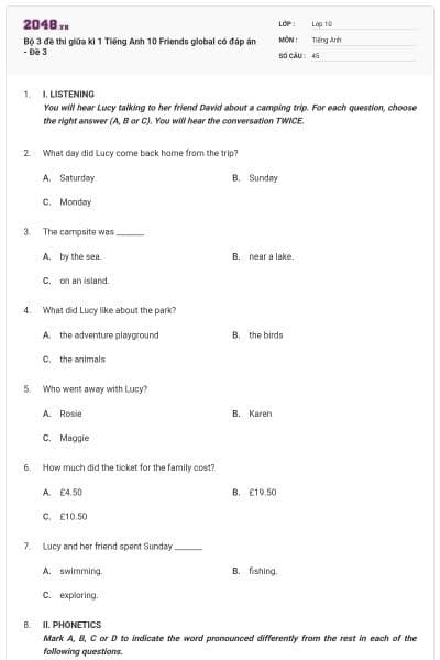 Bộ 3 đề thi giữa kì 1 Tiếng Anh 10 Friends global có đáp án - Đề 3