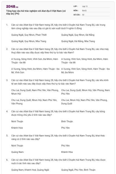 Tổng hợp câu hỏi trắc nghiệm với Alat địa lí Việt Nam (có đáp án) (P4)