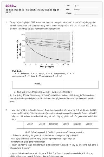 Đề tham khảo ôn thi HSG Sinh học 12 (Tự luận) có đáp án - Đề 10