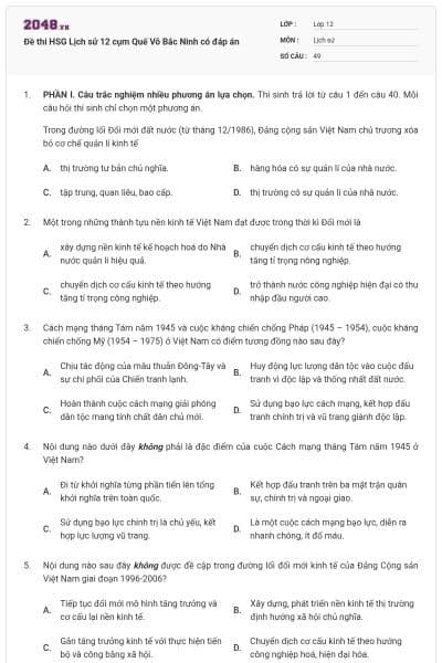 Đề thi HSG Lịch sử 12 cụm Quế Võ Bắc Ninh có đáp án