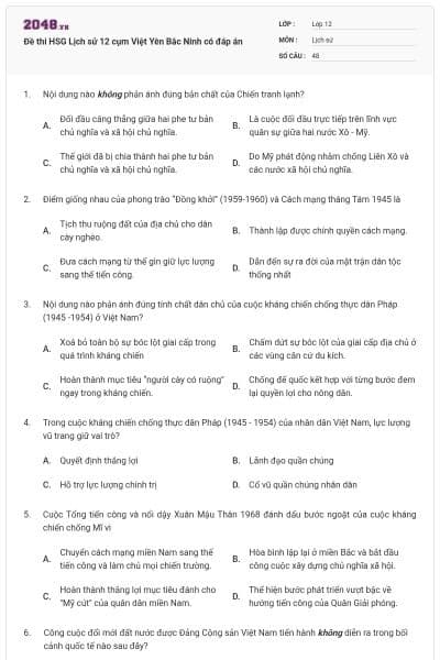 Đề thi HSG Lịch sử 12 cụm Việt Yên Bắc Ninh có đáp án