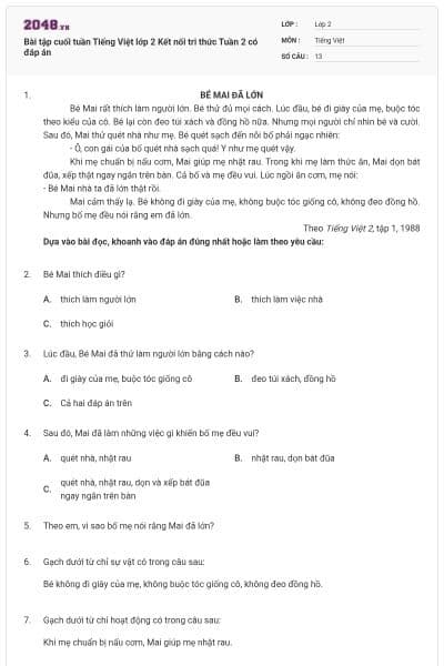 Bài tập cuối tuần Tiếng Việt lớp 2 Kết nối tri thức Tuần 2 có đáp án