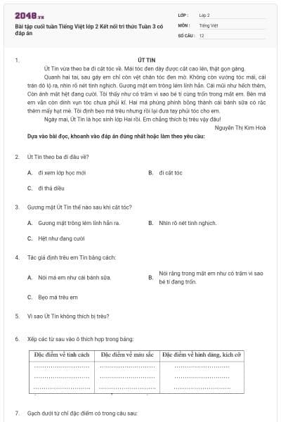 Bài tập cuối tuần Tiếng Việt lớp 2 Kết nối tri thức Tuần 3 có đáp án