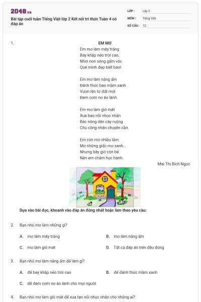 Bài tập cuối tuần Tiếng Việt lớp 2 Kết nối tri thức Tuần 4 có đáp án