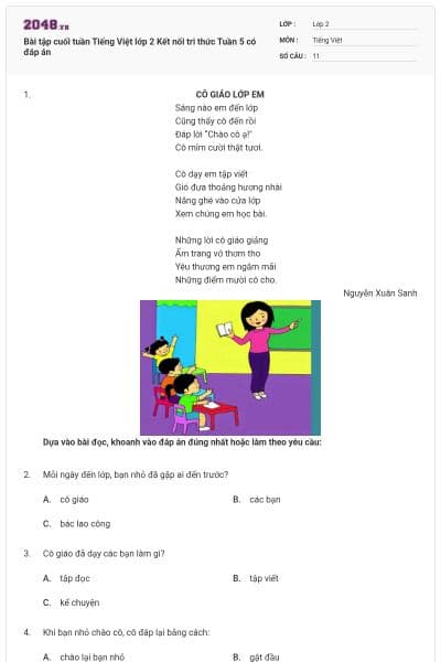 Bài tập cuối tuần Tiếng Việt lớp 2 Kết nối tri thức Tuần 5 có đáp án