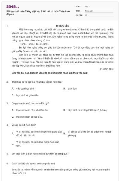 Bài tập cuối tuần Tiếng Việt lớp 2 Kết nối tri thức Tuần 6 có đáp án