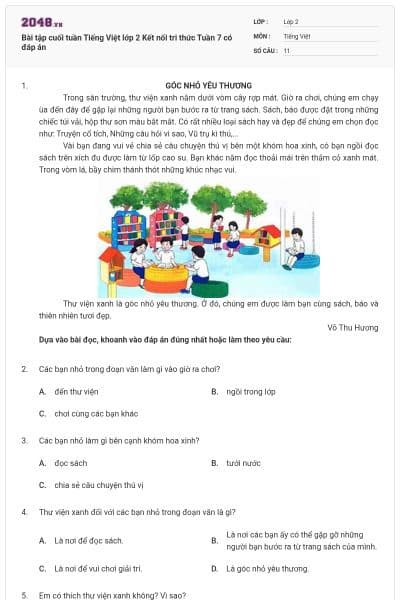 Bài tập cuối tuần Tiếng Việt lớp 2 Kết nối tri thức Tuần 7 có đáp án