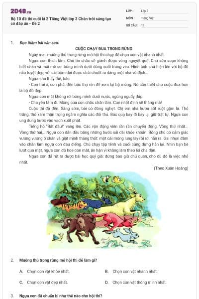 Bộ 10 đề thi cuối kì 2 Tiếng Việt lớp 3 Chân trời sáng tạo có đáp án - Đề 2