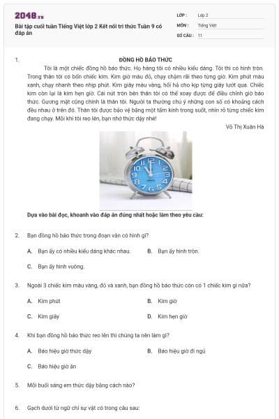 Bài tập cuối tuần Tiếng Việt lớp 2 Kết nối tri thức Tuần 9 có đáp án