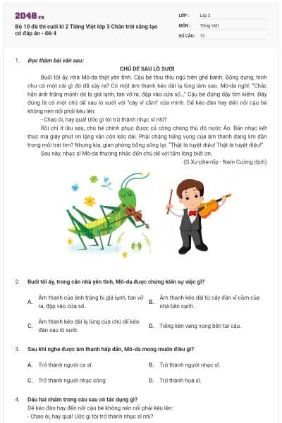 Bộ 10 đề thi cuối kì 2 Tiếng Việt lớp 3 Chân trời sáng tạo có đáp án - Đề 4