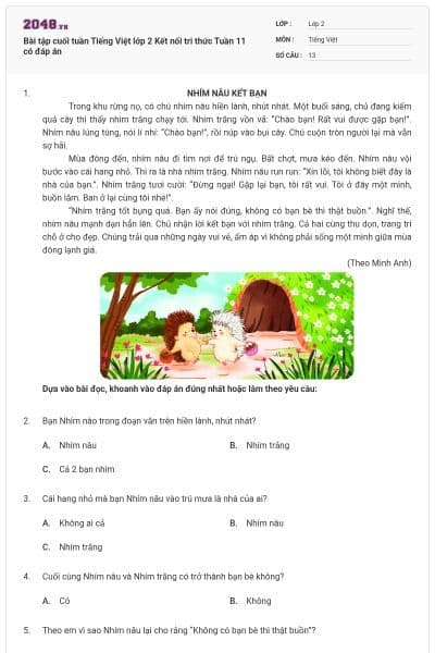 Bài tập cuối tuần Tiếng Việt lớp 2 Kết nối tri thức Tuần 11 có đáp án