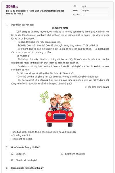 Bộ 10 đề thi cuối kì 2 Tiếng Việt lớp 3 Chân trời sáng tạo có đáp án - Đề 6