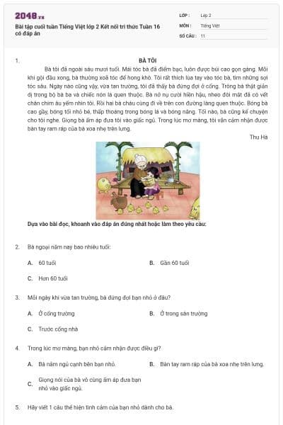 Bài tập cuối tuần Tiếng Việt lớp 2 Kết nối tri thức Tuần 16 có đáp án