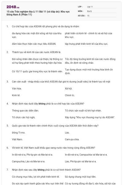 15 câu  Trắc nghiệm Địa Lí 11 Bài 11 (có đáp án): Khu vực Đông Nam Á (Phần 11)