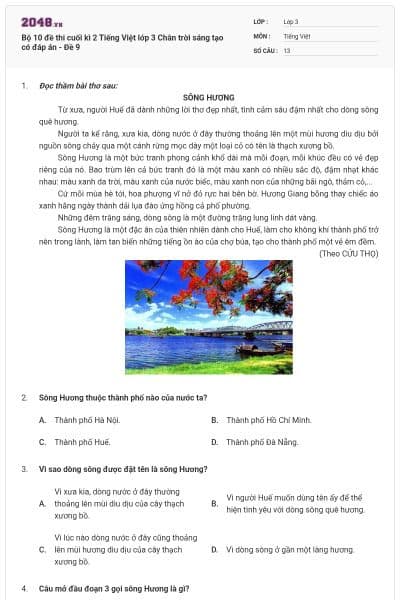 Bộ 10 đề thi cuối kì 2 Tiếng Việt lớp 3 Chân trời sáng tạo có đáp án - Đề 9