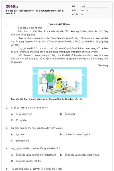 Bài tập cuối tuần Tiếng Việt lớp 2 Kết nối tri thức Tuần 17 có đáp án