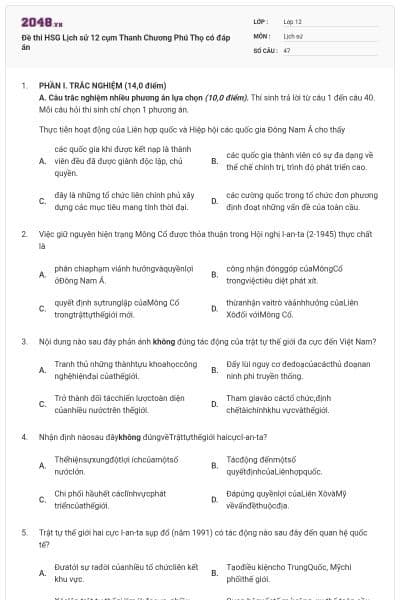 Đề thi HSG Lịch sử 12 cụm Thanh Chương Phú Thọ có đáp án