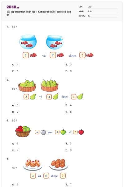 Bài tập cuối tuần Toán lớp 1 Kết nối tri thức Tuần 5 có đáp án