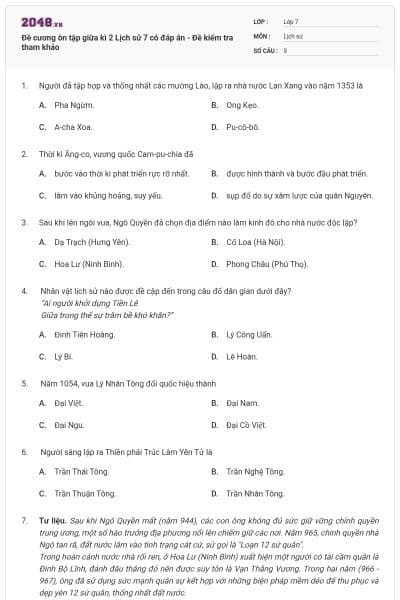 Đề cương ôn tập giữa kì 2 Lịch sử 7 có đáp án - Đề kiểm tra tham khảo