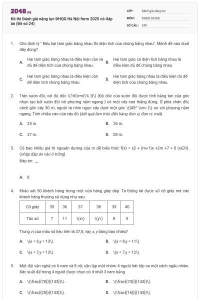 Đề thi Đánh giá năng lực ĐHQG Hà Nội form 2025 có đáp án (Đề số 24)