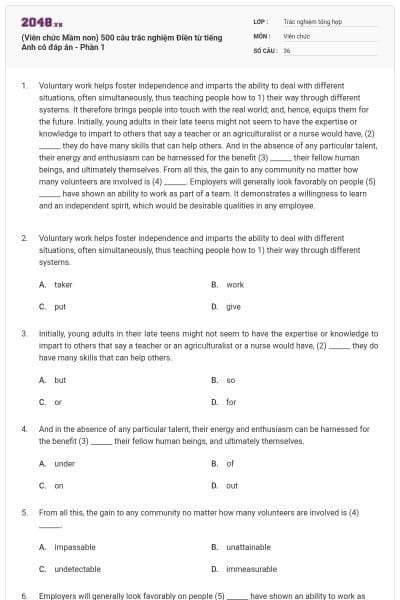 (Viên chức Mầm non) 500 câu trắc nghiệm Điền từ tiếng Anh có đáp án - Phần 1