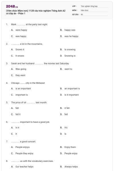 (Viên chức Mầm non) 1128 câu trắc nghiệm Tiếng Anh A2 có đáp án - Phần 1