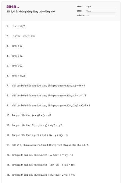 Bài 3, 4, 5: Những hằng đẳng thức đáng nhớ